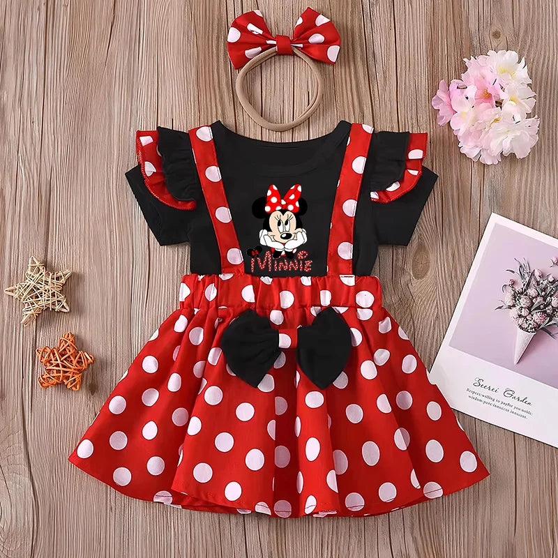 2Pcs/Set Mickey Minnie Mouse Children Outfit Baby Girls Summer Evening Kids Dots Tops Skirt Cosplay Dress with Headband Bow