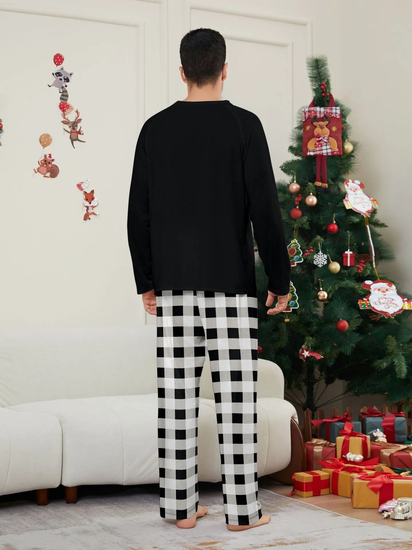 Happy New Year Family Matching Outfits Letter Plaid Print Parent-child 2 Pieces Suit Sleepwear Soft Loose Pajamas Set Xmas Wear