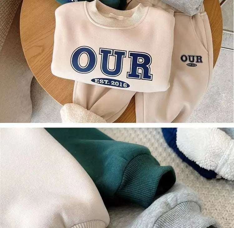 Spring Autumn Warm Boys Clothing Set Letter OUR Lined With Velvet Shirt+Pants 2Pcs Suit For Kids Children Outdoor Sports Suit