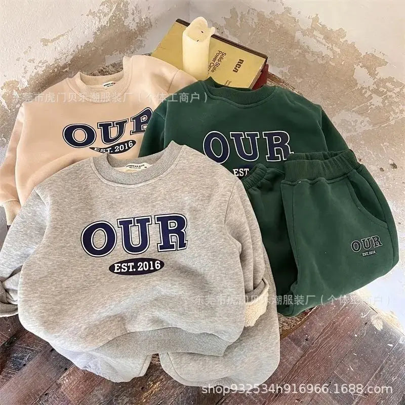 Spring Autumn Warm Boys Clothing Set Letter OUR Lined With Velvet Shirt+Pants 2Pcs Suit For Kids Children Outdoor Sports Suit