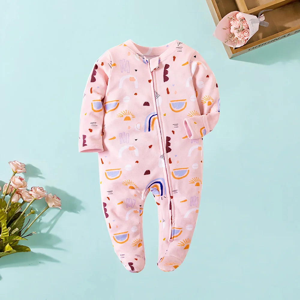 Spring Newborn Footed Pajamas Zipper Girl and Boy Romper Long Sleeve 0-12 Months Baby Clothe Jumpsuit Cotton Solid White Fashion