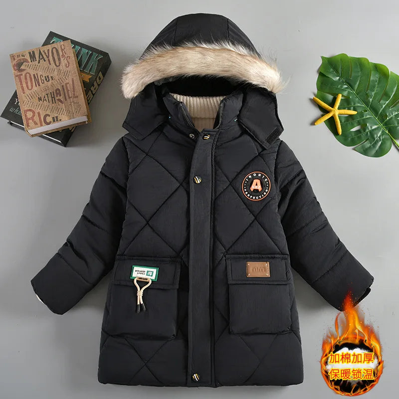 2025 Winter New Boys Jacket Solid Color Lining Plush Keep Warm Fur Collar Hooded Zipper Outerwear For 4-10Y Teen Kids Snowsuit