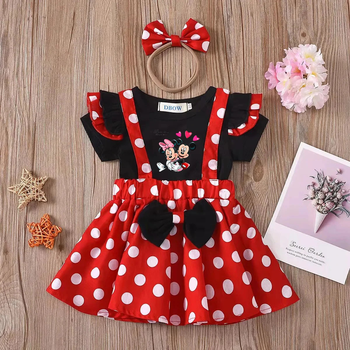 2Pcs/Set Mickey Minnie Mouse Children Outfit Baby Girls Summer Evening Kids Dots Tops Skirt Cosplay Dress with Headband Bow