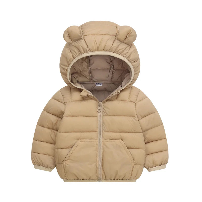Kids Warm Down Jackets Autumn Winter Baby Thin Hooded Cotton Coats Girls Boys Cute Solid Outerwear Children Clothes 2-6 Years