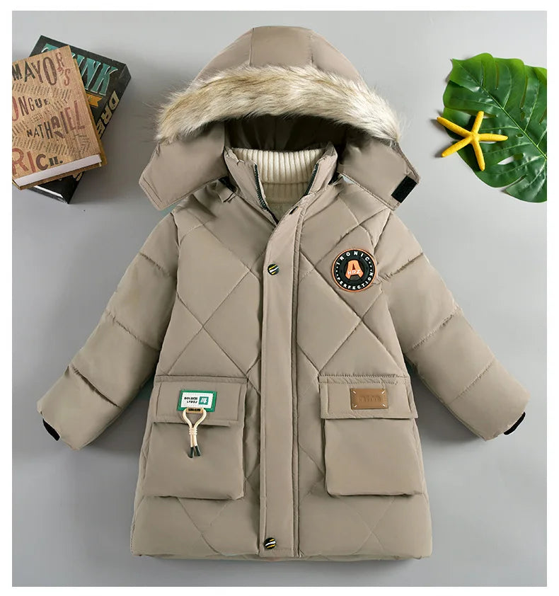 2025 Winter New Boys Jacket Solid Color Lining Plush Keep Warm Fur Collar Hooded Zipper Outerwear For 4-10Y Teen Kids Snowsuit