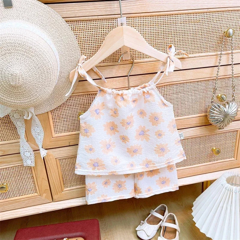 ‌2025 Summer Girls 1-8 Years Floral Sleeveless Dress Set + Korean Style Soft Top & Shorts Cute Casual Beach Outfits‌