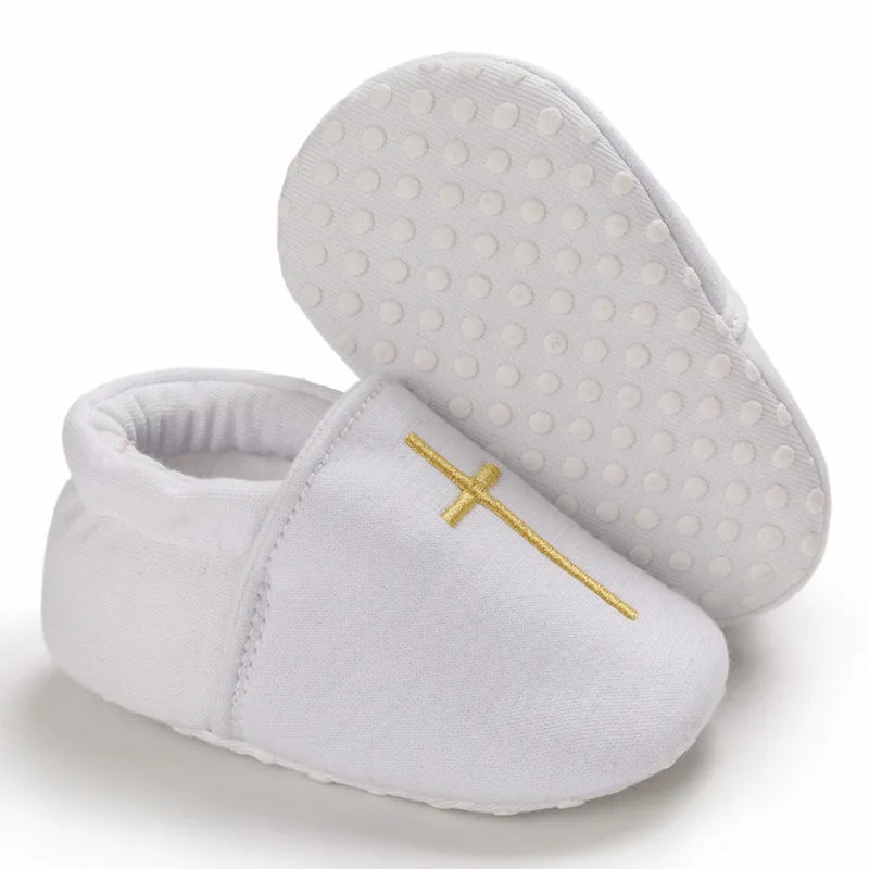 Newborn Baby White Baptism Shoes Soft Anti-slip Toddler Boy Girl Christening Golden Church Cross Soled Infant First Walker Shoes