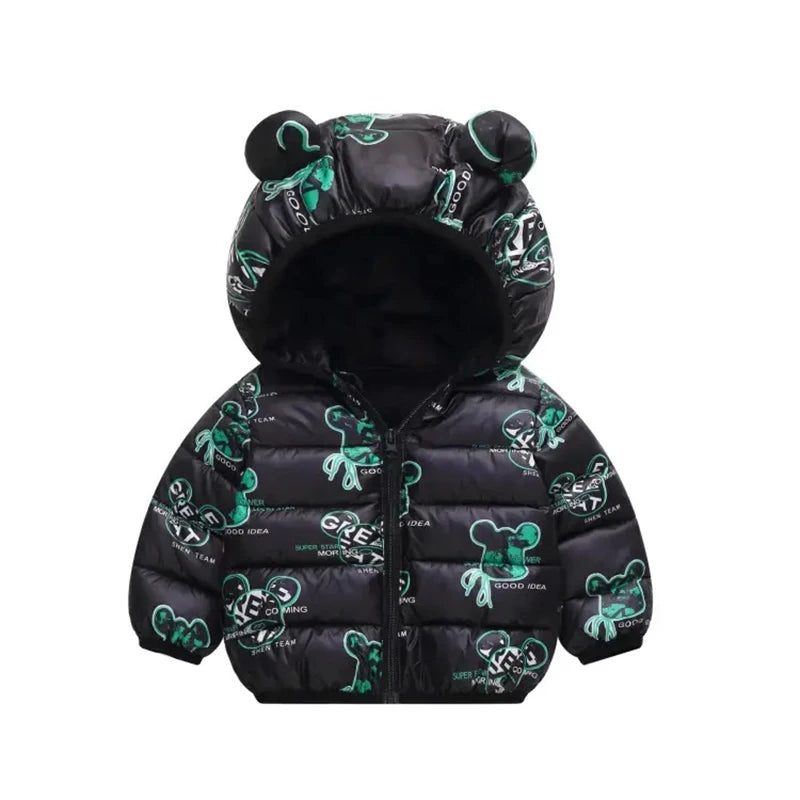 Girls Winter Coat Boy kids Girls Cotton-padded Jacket Character Pattern Baby Hooded Jacket Children Down Jacket