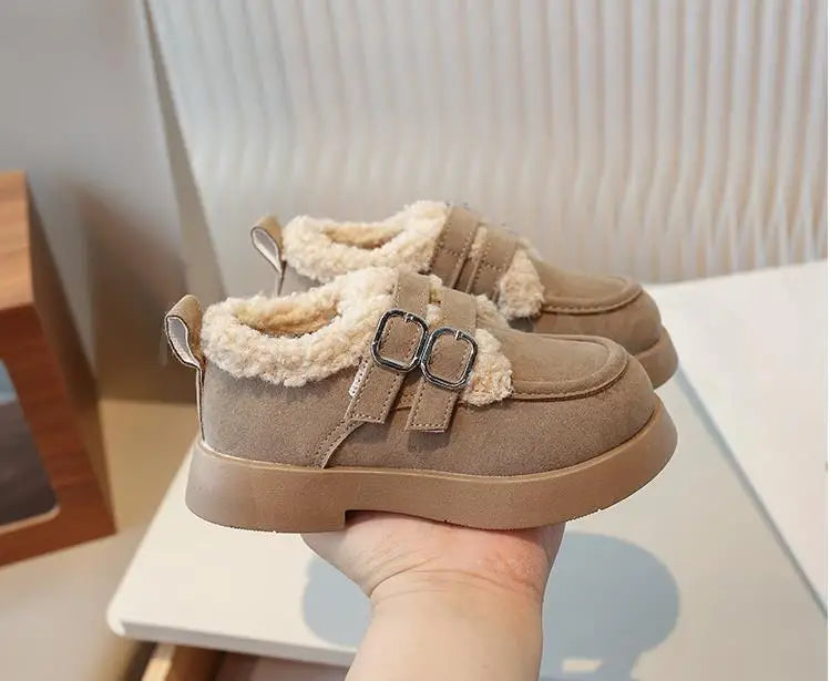 Autumn Winter Children Flats Shoes Solid Plush Warm Korean Style Girls Princess Casual Shoes Soft Bottom Furry Kids Cotton Shoes