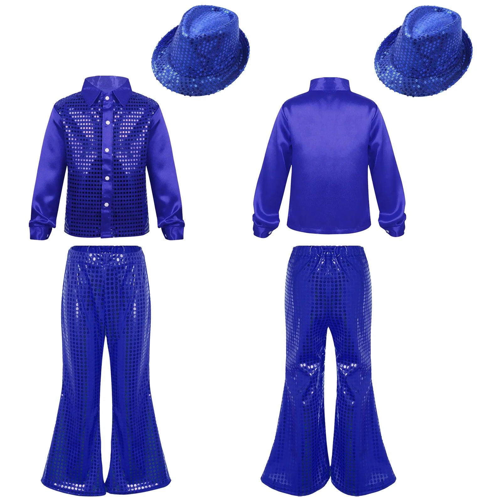 Kids Jazz Dance Costumes Children Boys Girls Modern Disco Dancing Outfits Party Shiny Sequin Dance Shirts Flared Pants and Hat - Idrilay 
