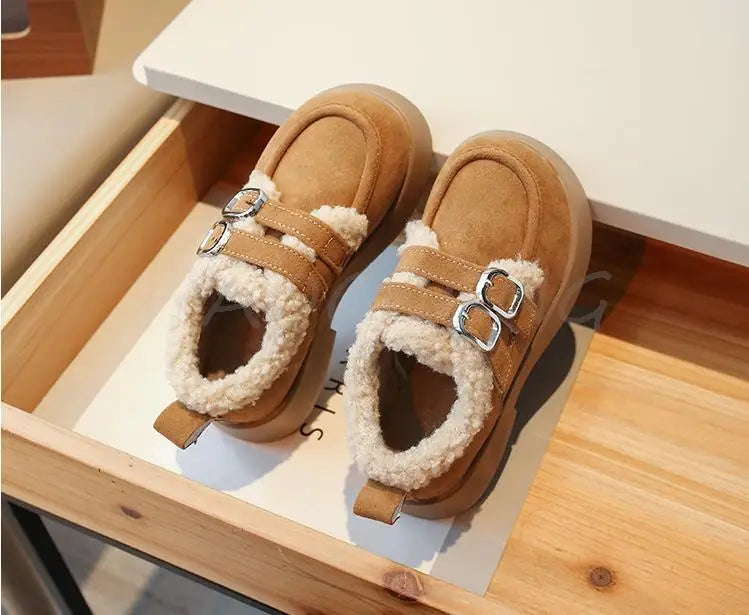 Autumn Winter Children Flats Shoes Solid Plush Warm Korean Style Girls Princess Casual Shoes Soft Bottom Furry Kids Cotton Shoes