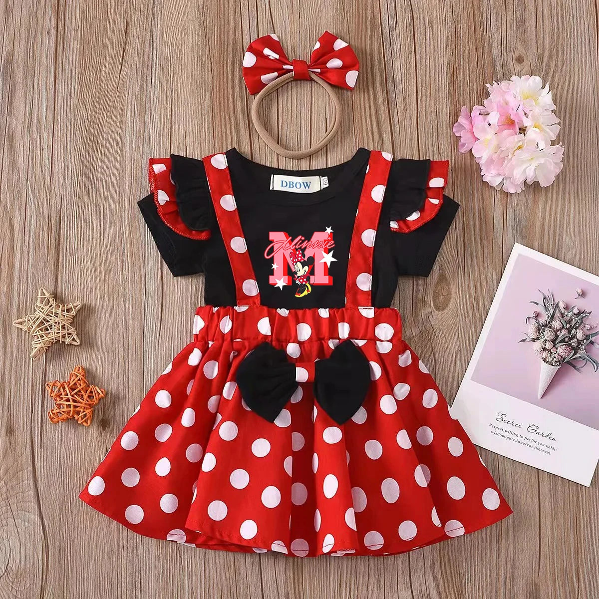 2Pcs/Set Mickey Minnie Mouse Children Outfit Baby Girls Summer Evening Kids Dots Tops Skirt Cosplay Dress with Headband Bow