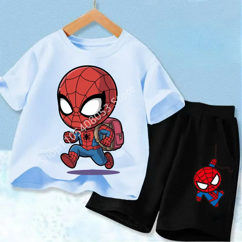Summer Hot Sale Kids Short Sleeve Two Piece Set Marvel Spider Man Cartoon Print Children Outfit