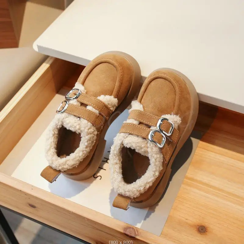 Autumn Winter Children Flats Shoes Solid Plush Warm Korean Style Girls Princess Casual Shoes Soft Bottom Furry Kids Cotton Shoes