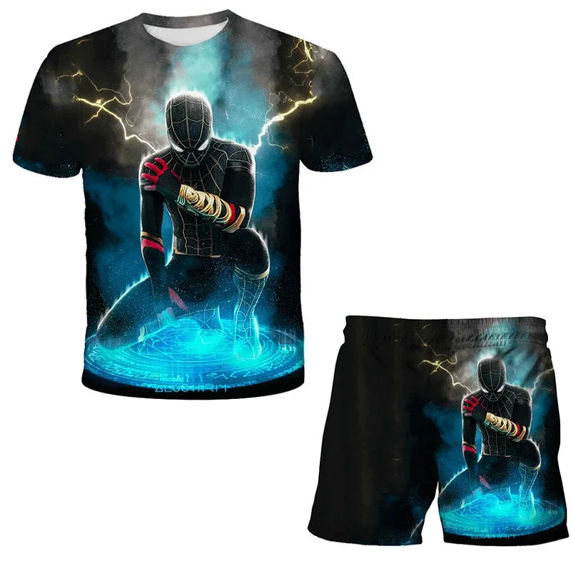 Boys Summer Spider-Man Marvel Hulk Iron Man Spiderman 2 Piece Set Breathable Tshirt & Shorts