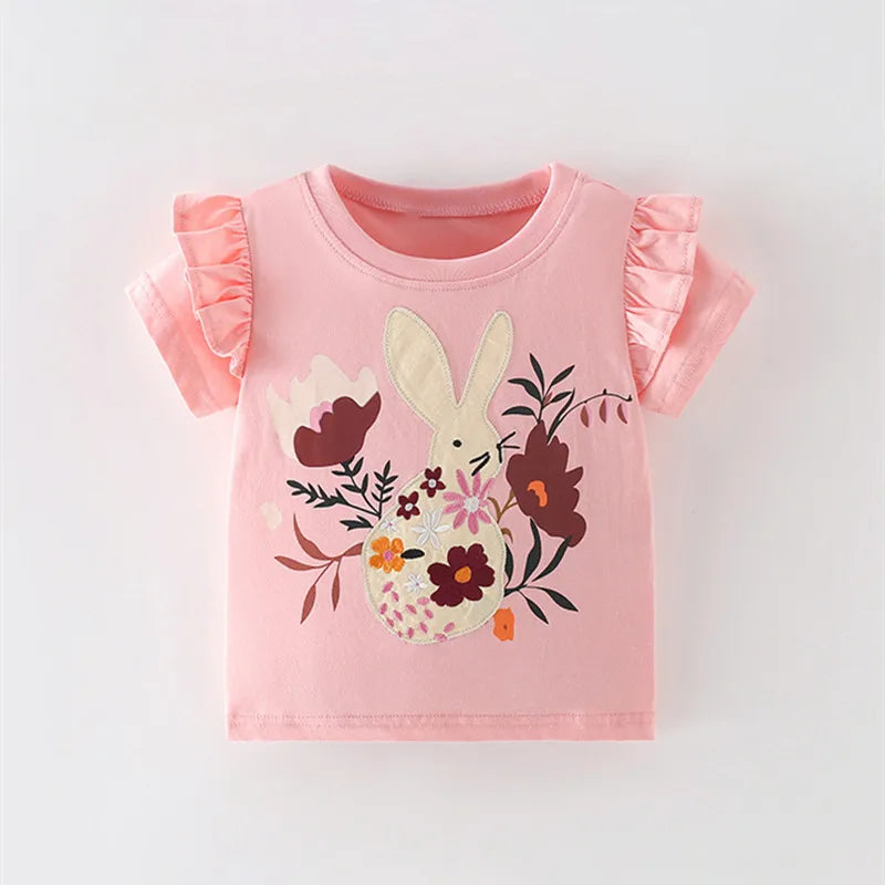 2026 Summer New Arrival 2 3 4 5 6 8 10 Years Kids Children Flower Print Baby Top Basic Cartoon Cotton Girls Short-Sleeve T-Shirt