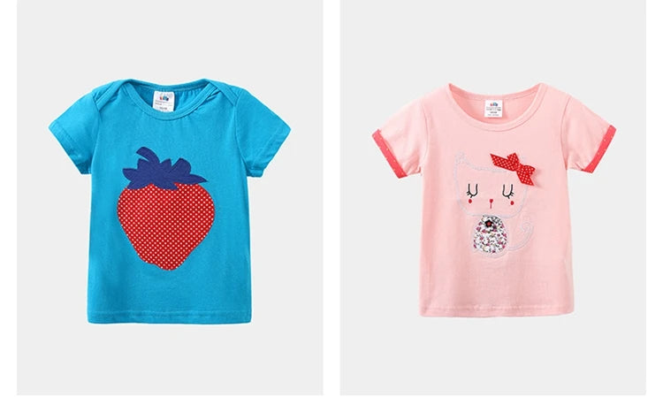 2026 Summer New Arrival 2 3 4 5 6 8 10 Years Kids Children Flower Print Baby Top Basic Cartoon Cotton Girls Short-Sleeve T-Shirt