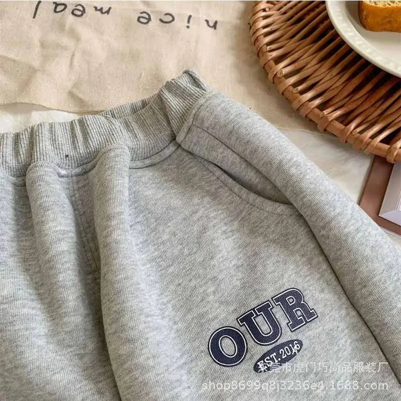Spring Autumn Warm Boys Clothing Set Letter OUR Lined With Velvet Shirt+Pants 2Pcs Suit For Kids Children Outdoor Sports Suit
