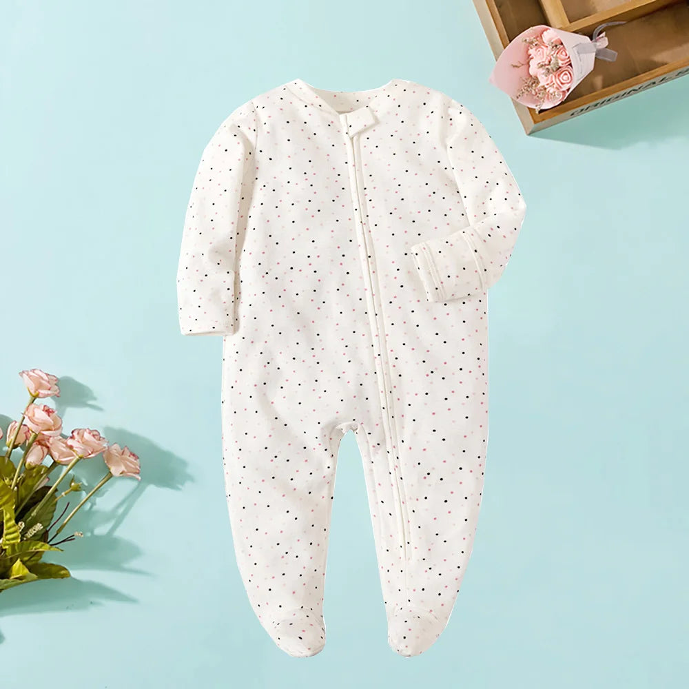 Spring Newborn Footed Pajamas Zipper Girl and Boy Romper Long Sleeve 0-12 Months Baby Clothe Jumpsuit Cotton Solid White Fashion