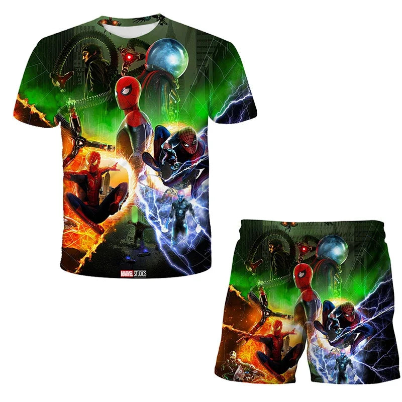 Boys Summer Spider-Man Marvel Hulk Iron Man Spiderman 2 Piece Set Breathable Tshirt & Shorts