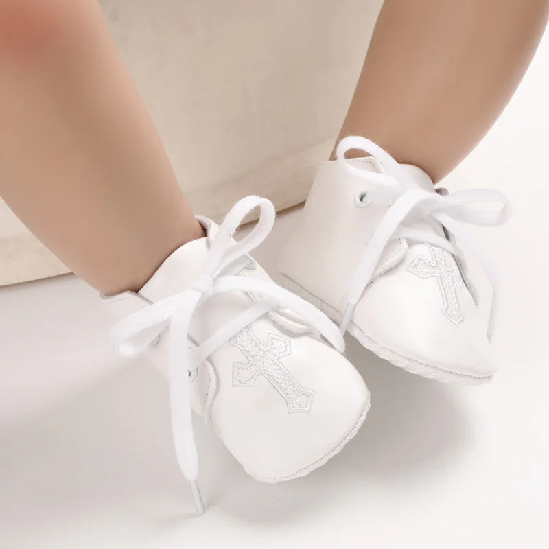 Newborn Baby White Baptism Shoes Soft Anti-slip Toddler Boy Girl Christening Golden Church Cross Soled Infant First Walker Shoes