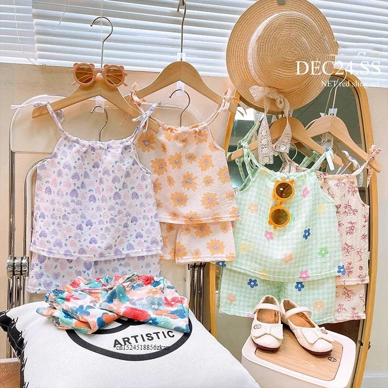 ‌2025 Summer Girls 1-8 Years Floral Sleeveless Dress Set + Korean Style Soft Top & Shorts Cute Casual Beach Outfits‌