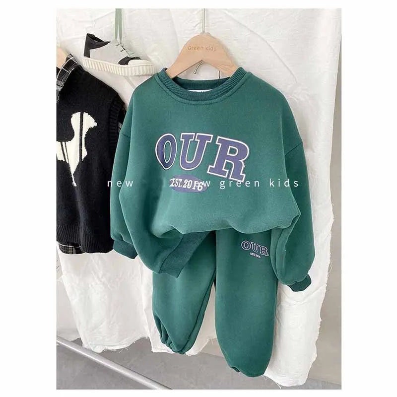 Spring Autumn Warm Boys Clothing Set Letter OUR Lined With Velvet Shirt+Pants 2Pcs Suit For Kids Children Outdoor Sports Suit