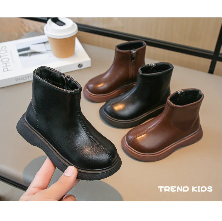 Children Fashion Boots Simple Girls Ankle Boot Black Kids Short Leather Boots Side Zipper Thick Bottom Autumn Winter 2024 New - Idrilay 