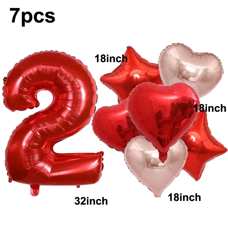 32inch Red 3 Number Balloon Heart Star Foil Balloon Valentine's day Balloon Decorations for Third Anniversary Valentine Party - Idrilay 