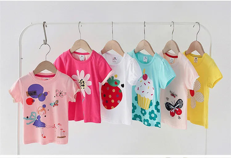 2026 Summer New Arrival 2 3 4 5 6 8 10 Years Kids Children Flower Print Baby Top Basic Cartoon Cotton Girls Short-Sleeve T-Shirt