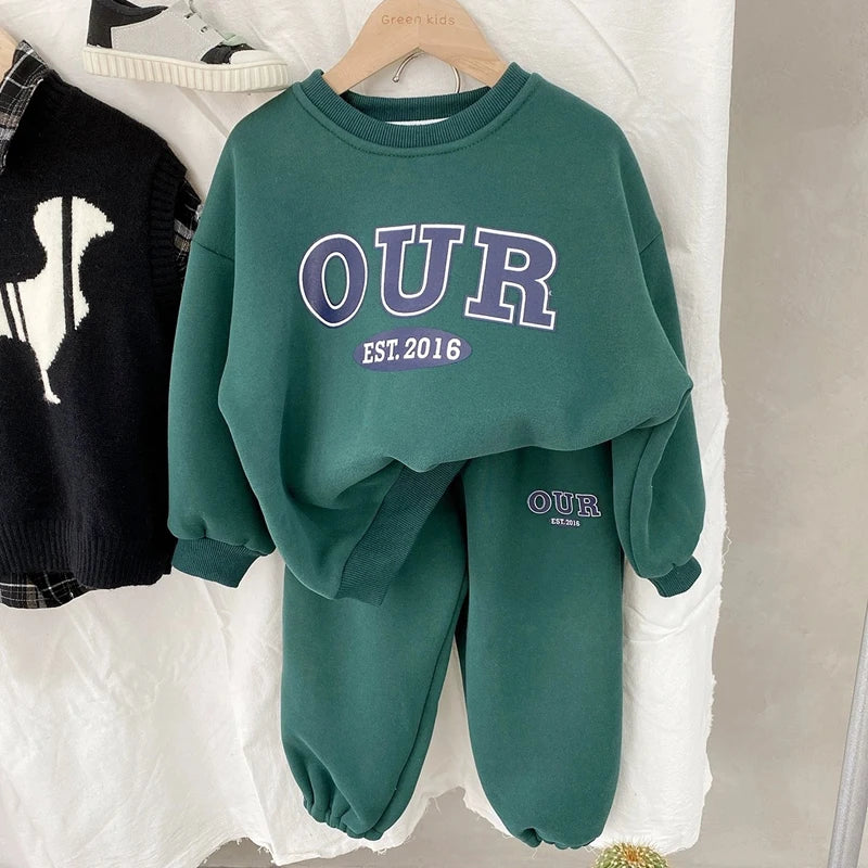 Spring Autumn Warm Boys Clothing Set Letter OUR Lined With Velvet Shirt+Pants 2Pcs Suit For Kids Children Outdoor Sports Suit