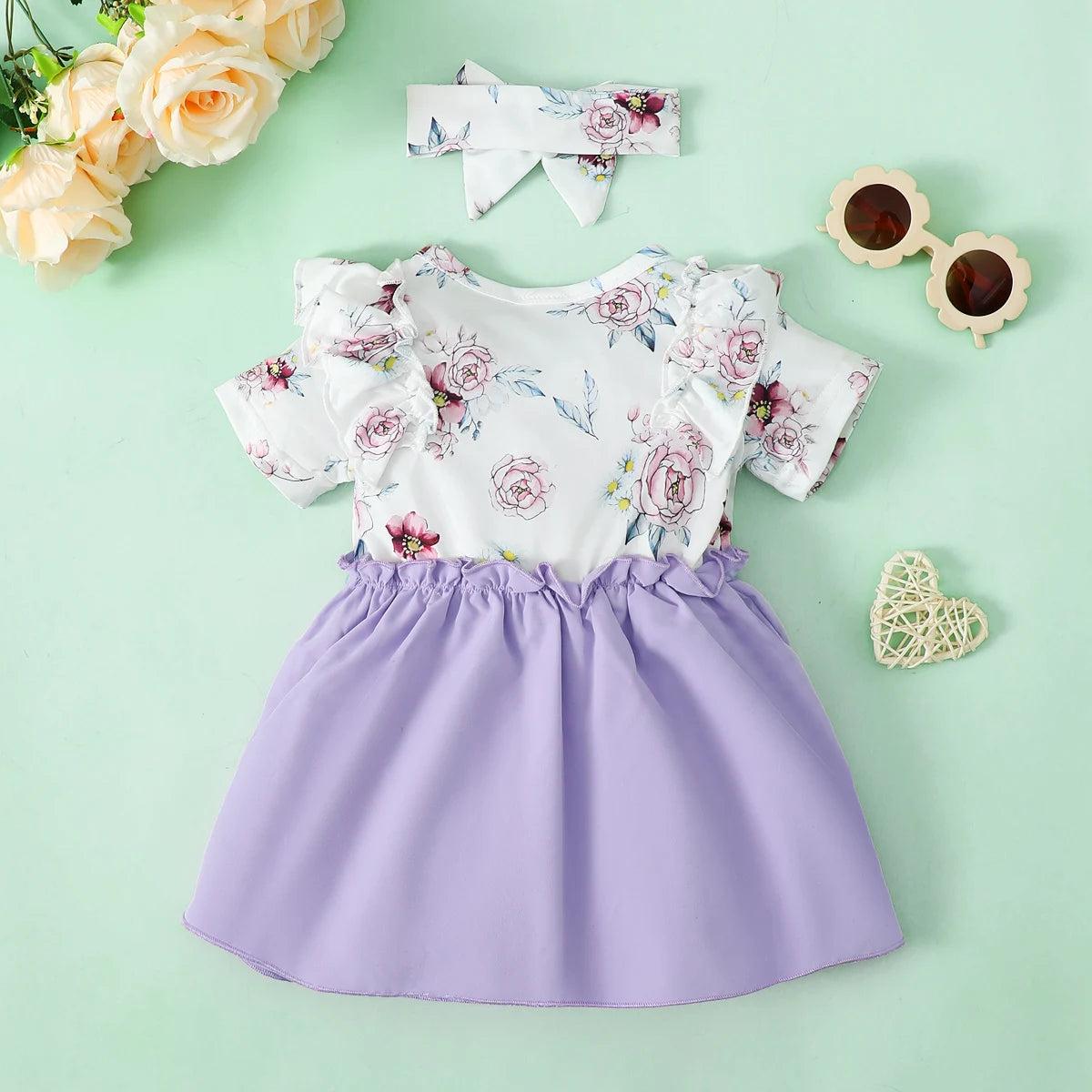 2PCS Baby Girl Clothes Set Floral Ruffle Short Sleeve Dress Head Wear Fashion Style Birthday Party Summer Wear for Suit 0-3 Year