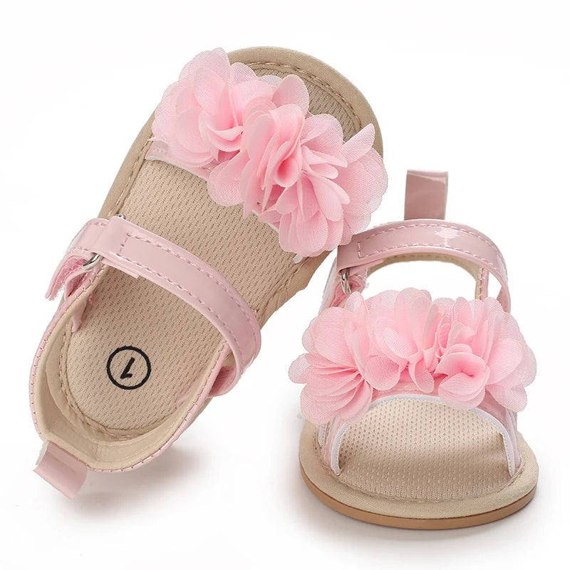 Summer Infant Baby Girl Fashion Shoes Toddler Flats Sandals Soft Rubber Sole Anti-Slip Flower Lace Crib First Walker 0-18M