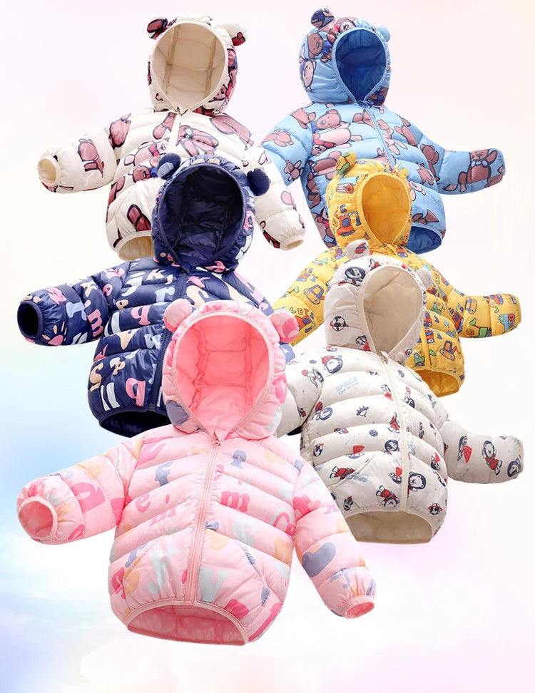 Girls Winter Coat Boy kids Girls Cotton-padded Jacket Character Pattern Baby Hooded Jacket Children Down Jacket