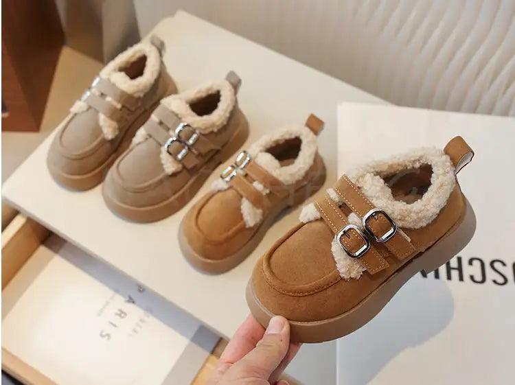 Autumn Winter Children Flats Shoes Solid Plush Warm Korean Style Girls Princess Casual Shoes Soft Bottom Furry Kids Cotton Shoes