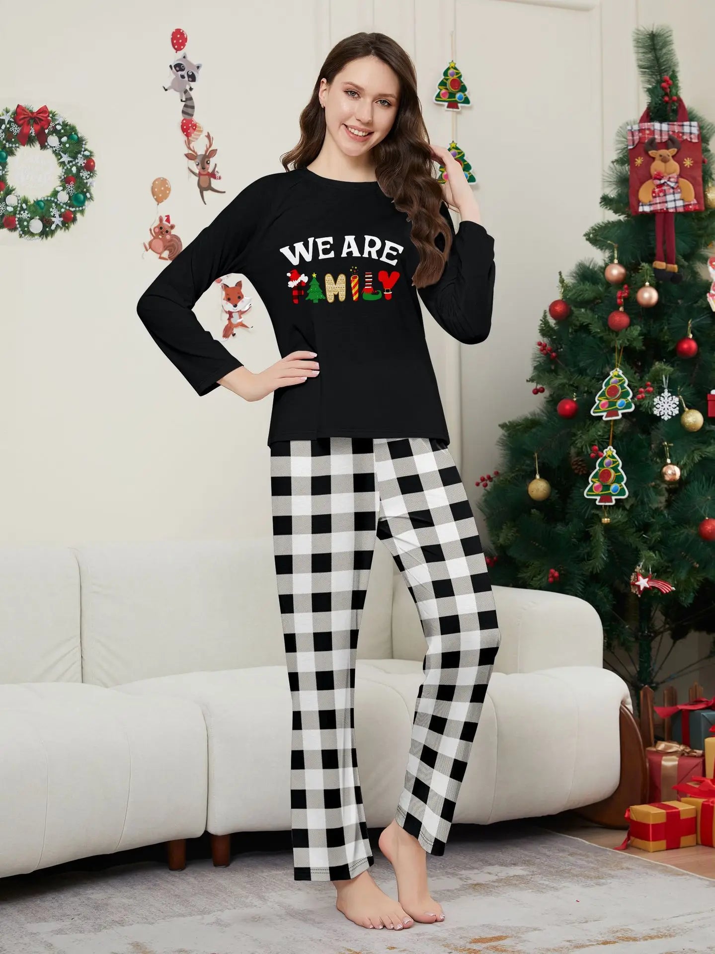 Happy New Year Family Matching Outfits Letter Plaid Print Parent-child 2 Pieces Suit Sleepwear Soft Loose Pajamas Set Xmas Wear