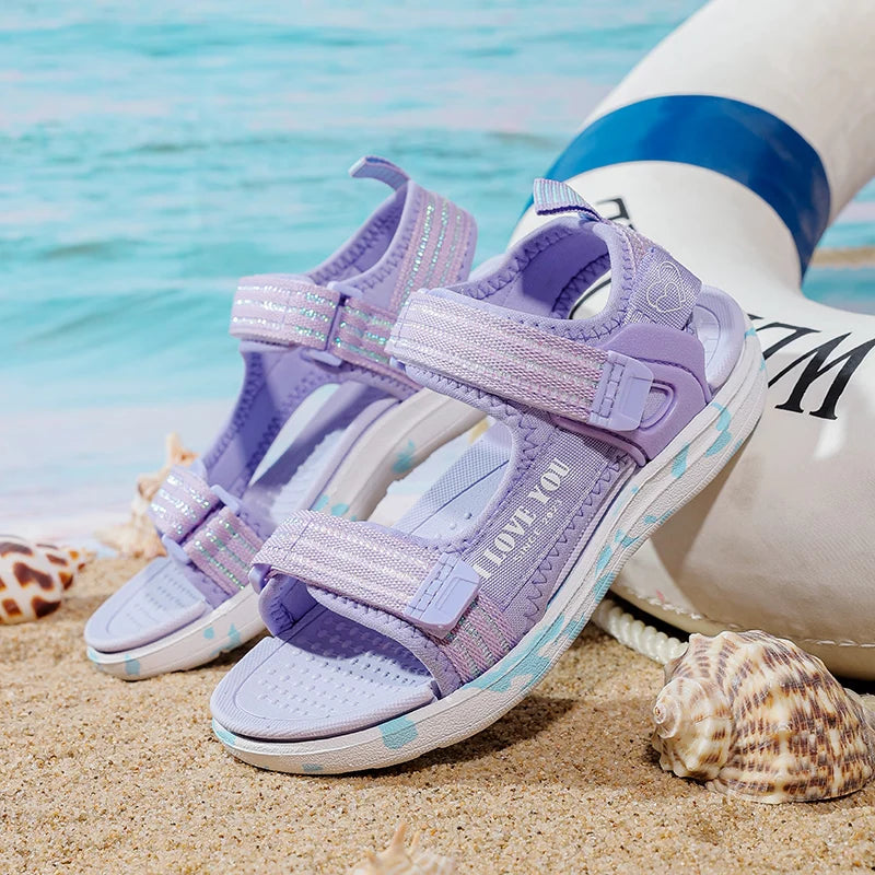Sandals Girls Soft Soles Casual Shoe Fashionable Princess Shoes New Flowers Pink Flat Shoes  Brand Non-slip Beach Shoes Children