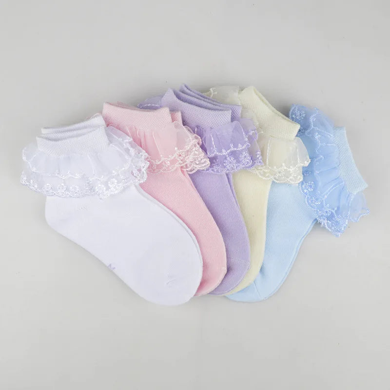 1Pairs Cotton Lace Ruffle Princess Mesh Breathable Socks Children Ankle Short Sock White Pink Blue Baby Girls Kids Toddler