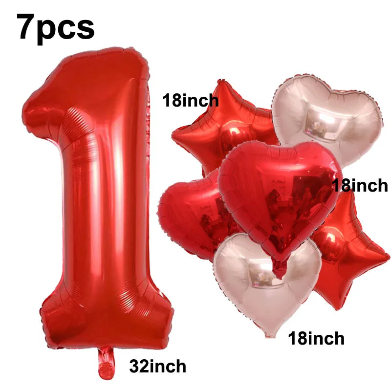 32inch Red 3 Number Balloon Heart Star Foil Balloon Valentine's day Balloon Decorations for Third Anniversary Valentine Party - Idrilay 