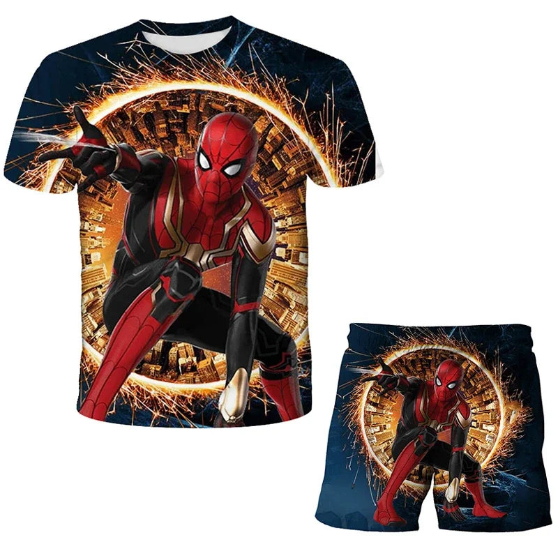 Boys Summer Spider-Man Marvel Hulk Iron Man Spiderman 2 Piece Set Breathable Tshirt & Shorts