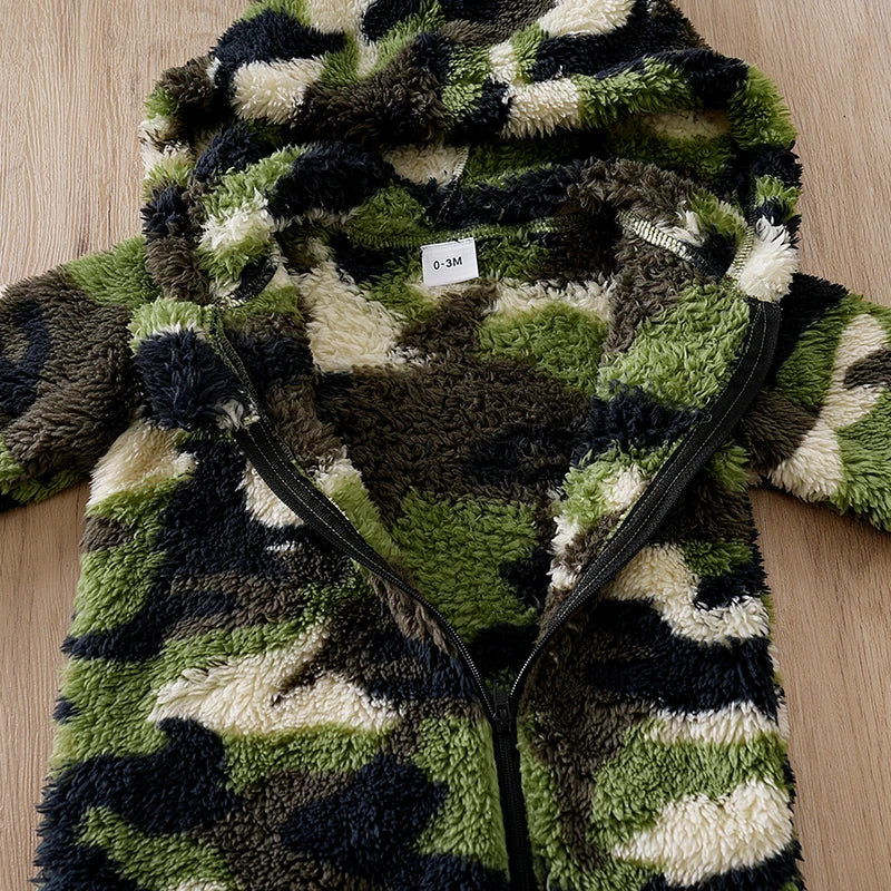 Winter Baby Boy Hoodie Plush Camouflage Style Fashionable Daily Suitable For Children Under 1 Year Old Jumpsuit