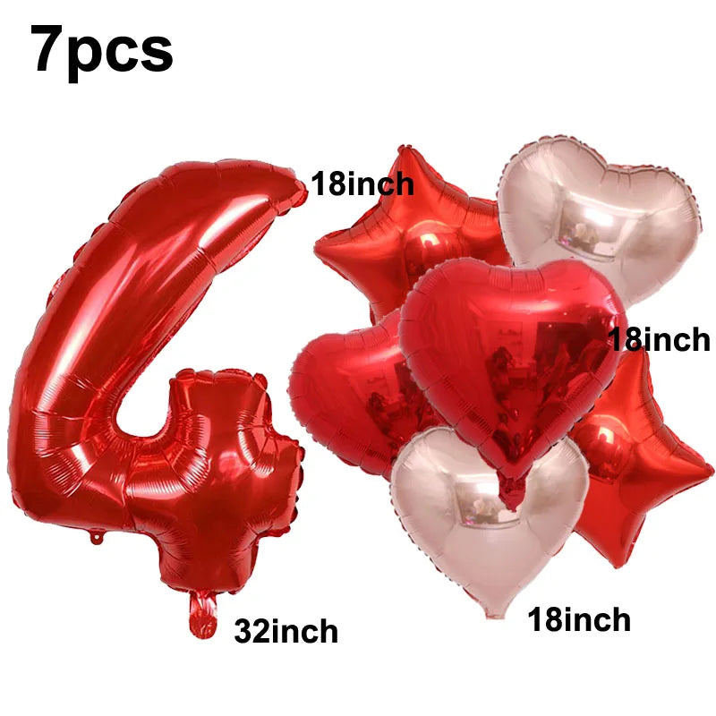 32inch Red 3 Number Balloon Heart Star Foil Balloon Valentine's day Balloon Decorations for Third Anniversary Valentine Party - Idrilay 