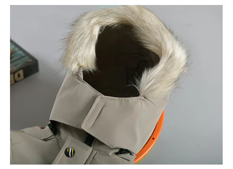 2025 Winter New Boys Jacket Solid Color Lining Plush Keep Warm Fur Collar Hooded Zipper Outerwear For 4-10Y Teen Kids Snowsuit