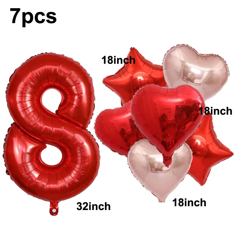 32inch Red 3 Number Balloon Heart Star Foil Balloon Valentine's day Balloon Decorations for Third Anniversary Valentine Party - Idrilay 