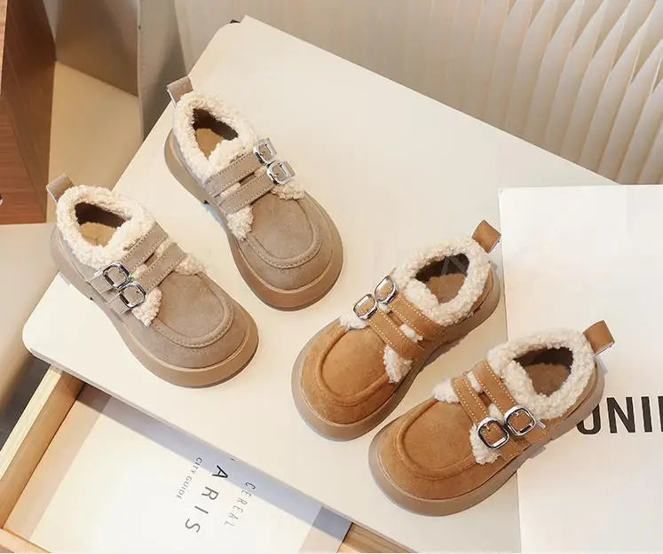 Autumn Winter Children Flats Shoes Solid Plush Warm Korean Style Girls Princess Casual Shoes Soft Bottom Furry Kids Cotton Shoes
