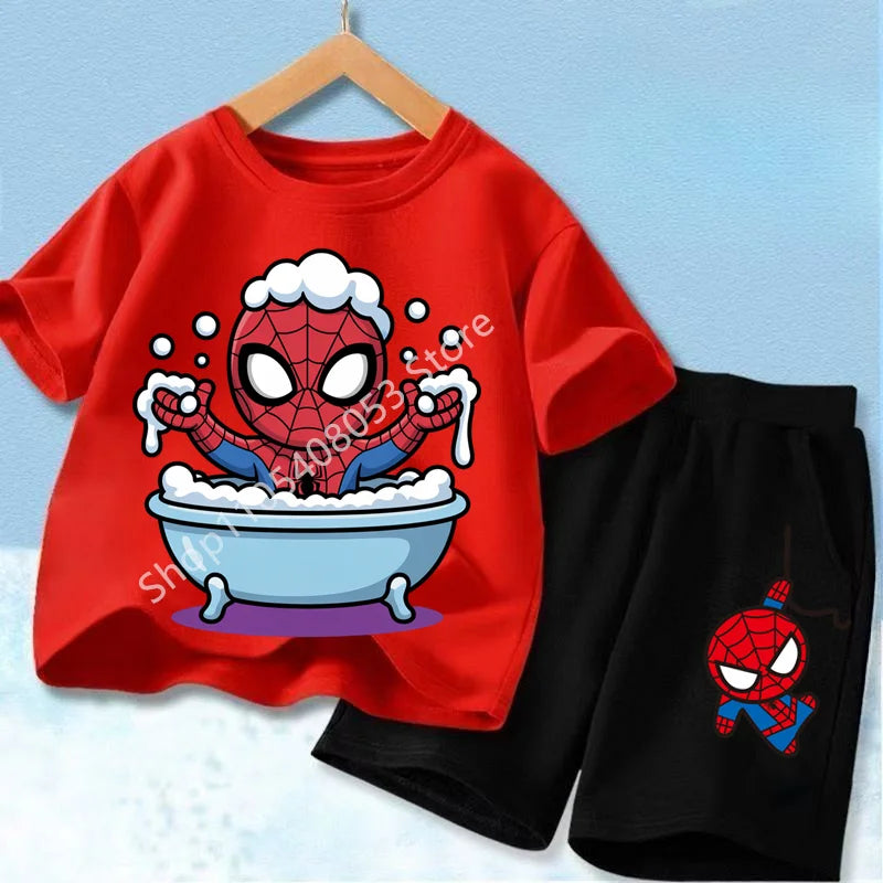 Summer Hot Sale Kids Short Sleeve Two Piece Set Marvel Spider Man Cartoon Print Children Outfit