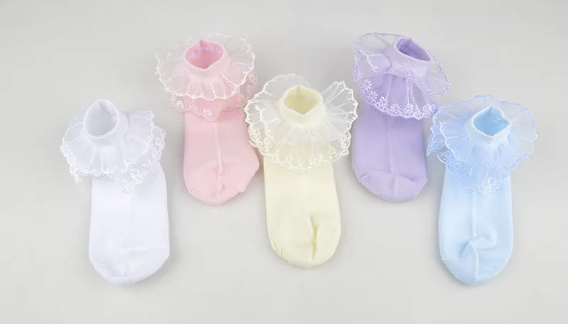 1Pairs Cotton Lace Ruffle Princess Mesh Breathable Socks Children Ankle Short Sock White Pink Blue Baby Girls Kids Toddler