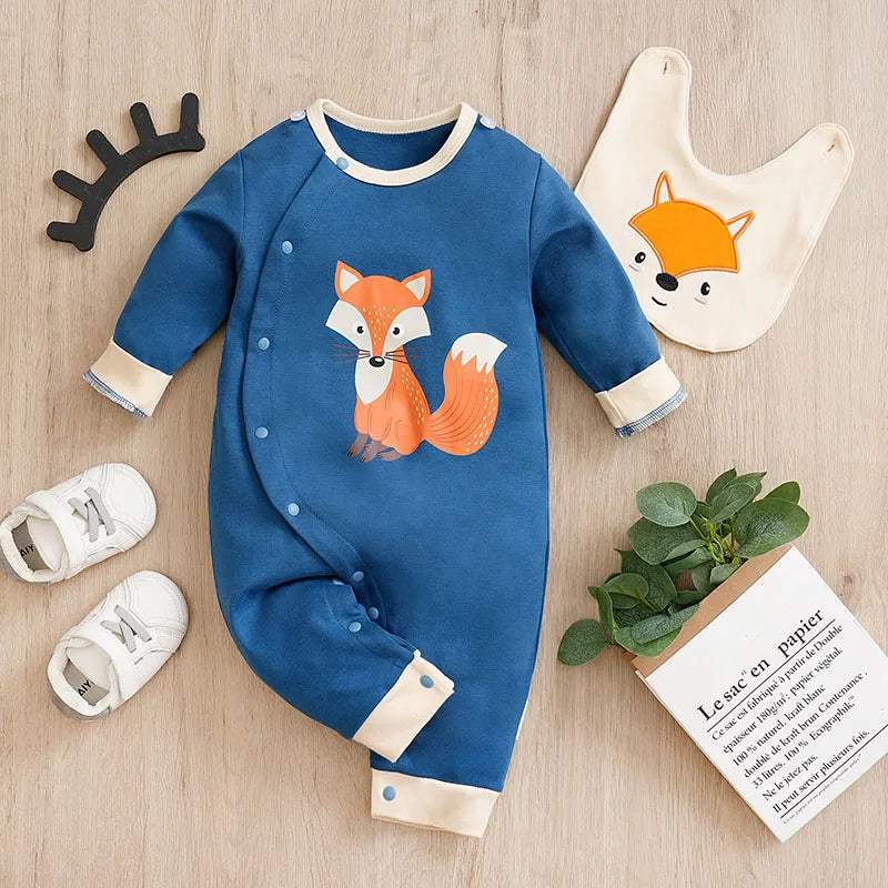 Spring And Autumn Boys And Girls Cute Cartoon Fox Printed Cotton Comfortable Long Sleeve Baby Bodysuit