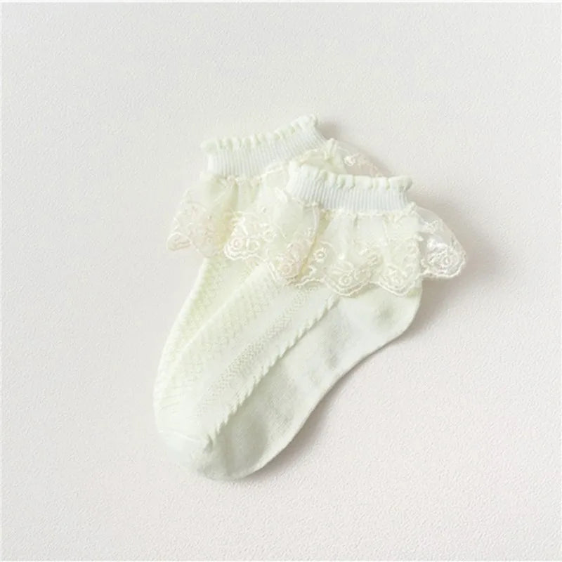 1Pairs Cotton Lace Ruffle Princess Mesh Breathable Socks Children Ankle Short Sock White Pink Blue Baby Girls Kids Toddler