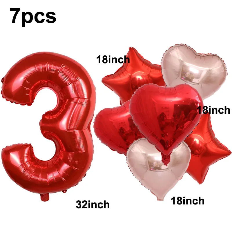32inch Red 3 Number Balloon Heart Star Foil Balloon Valentine's day Balloon Decorations for Third Anniversary Valentine Party - Idrilay 